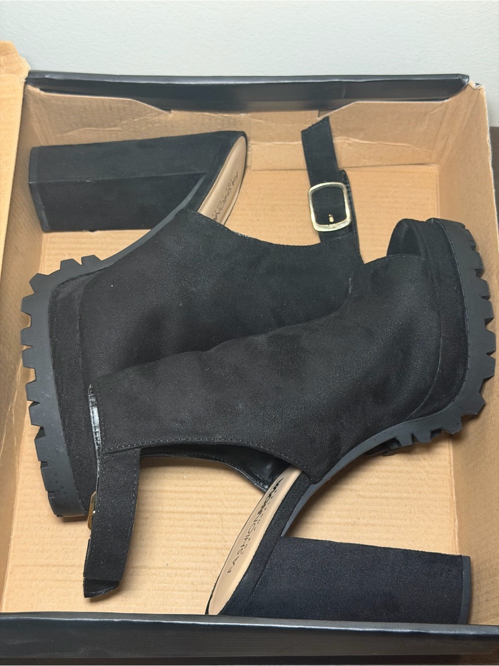 Fashion Nova Black Suede Lug Sole Block Heel Booties - Women